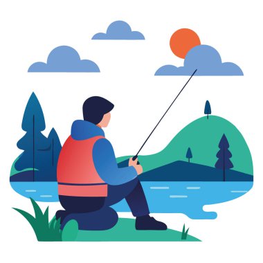 Ceketli yalnız bir balıkçı elinde oltayla huzurlu bir gölün kenarında oturuyor. Yapay zekanın yarattığı doğanın sükunetinin tadını çıkarıyor. Vektör simgesi