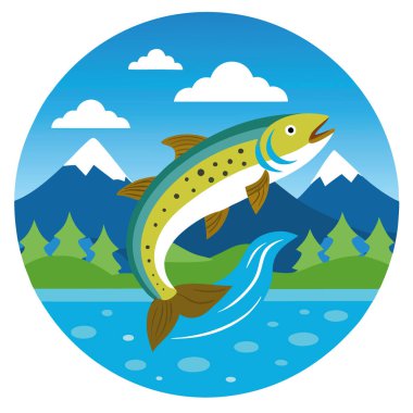 Havada damlacıklarla sudan atlayan bir alabalık. Huzurlu bir göl ve parlak bir mavi gökyüzü ile çevrili yapay zeka üretildi. Vektör simgesi