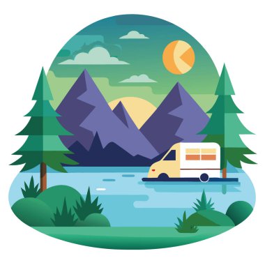 Güneşin doğuşuyla birlikte yemyeşil ağaçlar ve dağlarla çevrili sakin bir göl kenarında sakin bir kamp alanı. Yapay zeka üretildi. Vektör simgesi