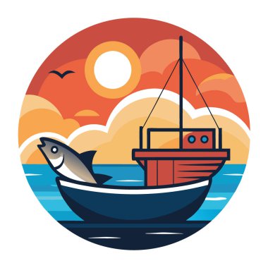 Gün batımında balıkçı teknesinde yeni yakalanmış bir balık. Yapay zekanın yarattığı deniz ve deniz yaşamının güzelliğini vurgulamak. Vektör simgesi