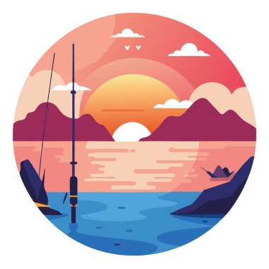 Deniz Tarafından Gün Batımında Serene Balıkçılık Çubukları - Tatil Gevşemesi ve Açık Hava Macerası İçin Huzurlu Bir Peyzaj. Yapay zeka üretildi. Vektör simgesi