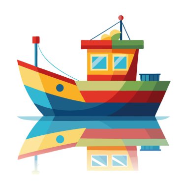 Enerjik biri. Sakin sulara yansıyan renkli balıkçı teknesi. Yapay zekanın yarattığı renk ve şekillerin sanatsal bir karışımını sergiliyor. Vektör simgesi