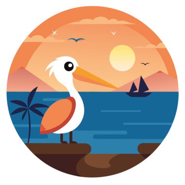 Gün batımında pelikan avlamak kıyı şeridi çizgi film sanatının sakin suları büyüleyici hayal gücü manzarası. Yapay zeka üretildi. Vektör simgesi