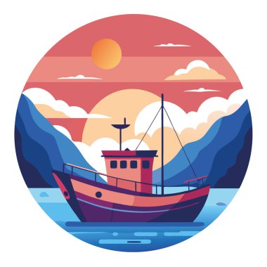Huzurlu Deniz Balıkçı Teknesi Sabah Erken saatlerde Gökyüzü Canlı Renkler ve Doğa ve Macera İçin Sakin Suları ile. Yapay zeka üretildi. Vektör simgesi