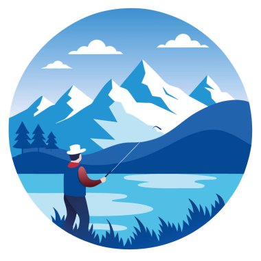 Huzurlu bir balıkçının heybetli kar örtülü dağlarla çevrili sakin bir göle bir halat attığı sakin bir sahne yapay zeka tarafından oluşturuldu. Vektör simgesi