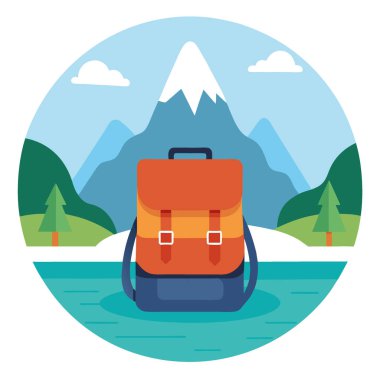 Sırt çantası dağda ve gölde. Dağda manzara hiç kimse. seyahat fotoğrafı. Seçici odaklanma. Yapay zeka üretildi. Vektör simgesi