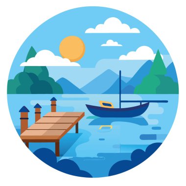 Huzurlu bir rıhtım sahnesi. Kırsal bir rıhtım var. Balıkçı teknesi Bulutlu bir gökyüzünün altında yapay zekanın ürettiği sakin mavi sular. Vektör simgesi