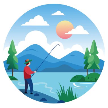 Sabahın erken saatlerinde sakin bir gölde balık avı. Dalgalanan su ve olta atan bir olta. Yapay zeka üretildi. Vektör simgesi