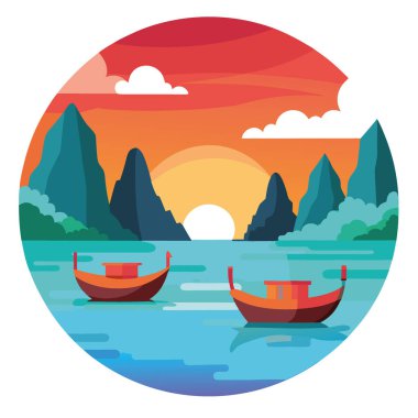 Gün batımında Maya Körfezi 'nde uzun kuyruk tekneleri. Yengeç. Tayland. Tatil seyahati. Huzurlu doğa manzarası. Yapay zeka üretildi. Vektör simgesi