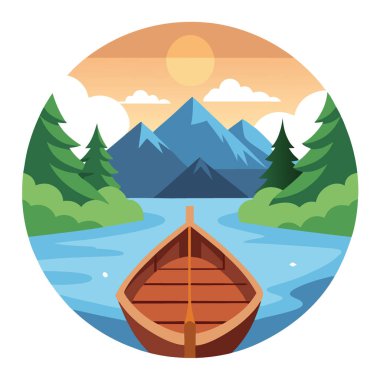Sakin bir nehirde sakin bir ahşap tekne yolculuğu huzurlu bir perspektiften çekilmiş davetkar bir doğa deneyimi. Yapay zeka üretildi. Vektör simgesi