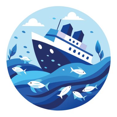 Gök boşluğunda kaybolan batan bir yolcu gemisinin kıçı. Yapay zekanın ürettiği dönen balık sürüleriyle çevrili. Vektör simgesi