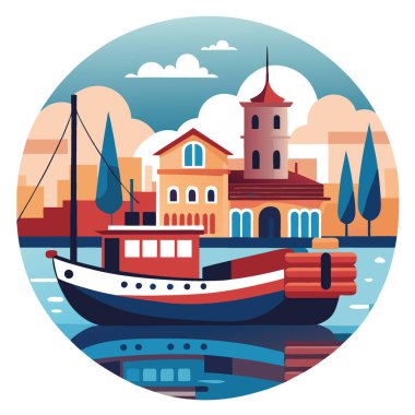 Yat limanına yanaşmış eski bir teknenin manzarası. Gökyüzünü ve sudaki binaları yansıtan yapay zeka. Vektör simgesi