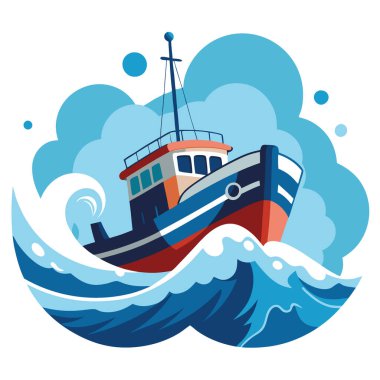 Fırtınalı okyanus dalgalarında yüzen engebeli bir balıkçı teknesi. Yapay zekanın yarattığı deniz macerasının özünü gözler önüne seriyor. Vektör simgesi