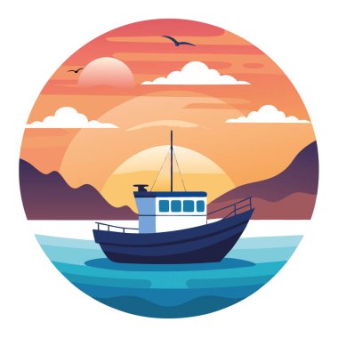 Sakin bir balıkçı teknesi gün doğumunda sakin sularda süzülür. Renkli bir gökyüzü ve yumuşak dalgalarla çevrili yapay zeka üretildi. Vektör simgesi