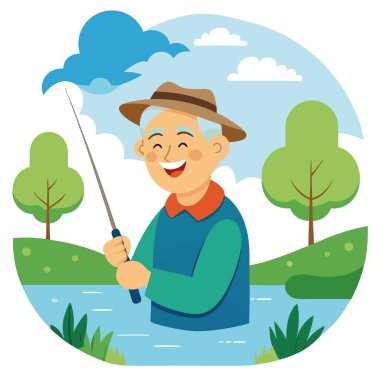 Neşeli bir gülümsemesi olan yaşlı bir adam sakin bir gölde balık tutmayı sever. Her yer yemyeşil ağaçlar ve sabah sisi ile çevrili. Vektör simgesi