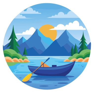 Doğanın sükunetini keşfetmek. Mavi bir kanonun yaz günü el değmemiş gölün sakin sularında yolculuğu. Yapay zeka üretildi. Vektör simgesi