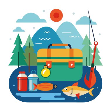 Retro balıkçılık malzemeleri parıldıyor. Kaliteli bir alet çantası. Canlı yemler. Bokeh suyu, yapay zekanın oluşturduğu nostaljik bir göl sahnesi yaratır. Vektör simgesi