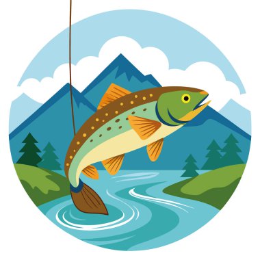 Sakin bir nehirde balık tutarken kancaya yakalanan alabalık, açık hava aktiviteleri için ideal bir ortam yaratıyor. Yapay zeka üretildi. Vektör simgesi