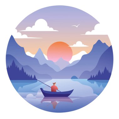 Güneşin doğuşunda kanodan balık tutanın sakin bir görüntüsü. Puslu sular ve şafağın yumuşak renkleriyle çevrili yapay zeka üretildi. Vektör simgesi