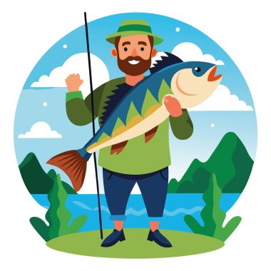Balıkçı, yazın çevrenin yeşilliklerle çevrili olduğu canlı bir göl yakınlarında balık avlarken yakalanan büyük bir levreği gururla tutar. Yapay zeka üretildi. Vektör simgesi
