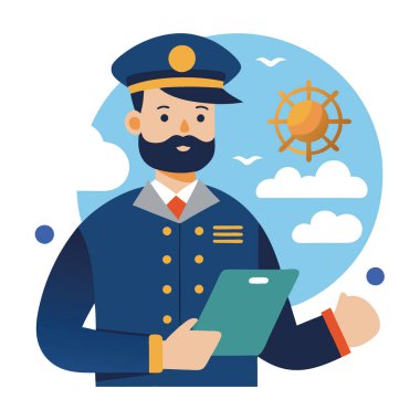 Kaptan yolculuktan önce hava durumunu kontrol ediyor. Mürettebatın suda güvenli bir gün için hazır olmasını sağlıyor. Yapay zeka üretildi. Vektör simgesi