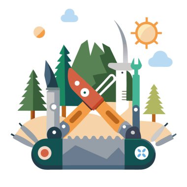 Çok yönlü bir kamp bıçağının, doğa aktiviteleri ve maceralar için pek çok araç gereçle yakın çekimi. Yapay zeka üretildi. Vektör simgesi