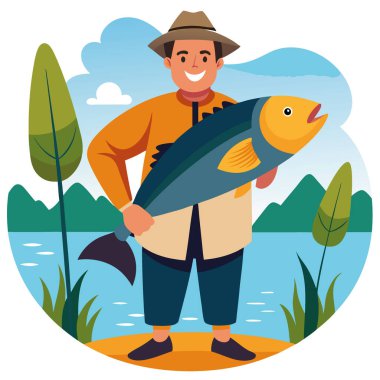 Balıkçı gururla doğal ortamda sazlıklarla çevrili sakin sularda yakalanmış büyük bir tatlı su balığı sergiliyor. Yapay zeka üretildi. Vektör simgesi