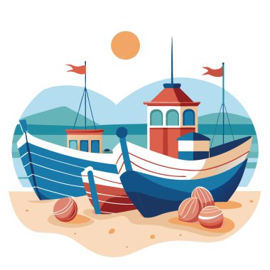 Balıkçı tekneleri kumlu bir kıyıya dizilmişti. Ağ ve şamandıralar güverteye yığıldı. Denizdeki bir sonraki maceraya hazırım. Yapay zeka üretildi. Vektör simgesi