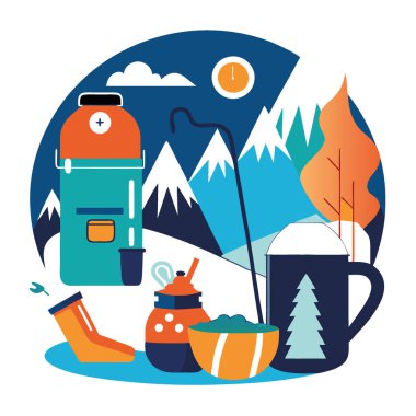 Ultra Gerçekçi Buzda Balıkçılık Macerası. Termos. Atıştırmalıklar Dişliler. Kış tatili. Açık hava eğlencesi. Doğanın Huzuru. Yapay zeka üretildi. Vektör simgesi