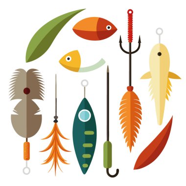 Çeşitli balık yemi ve olta takımlarının yakın plan çekimi. Yumuşak plastik yemler de dahil. Tüyler. Kancalar. Yapay zekanın ürettiği dönme dolaplar. Vektör simgesi