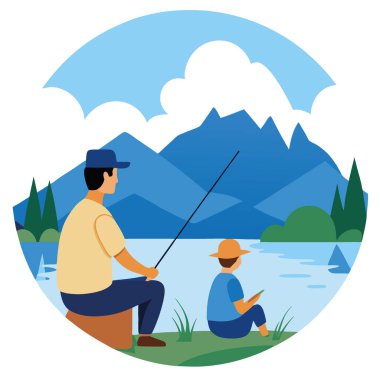 Bir baba ve oğul güneşli bir öğleden sonra etrafları dağlarla çevrili sakin bir gölde huzurlu bir balık avının tadını çıkarıyorlar. Yapay zeka üretildi. Vektör simgesi