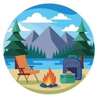 Göl kenarında sakin bir kamp alanı. Başrolde sandalyeler var. Sırt çantaları. Etrafı yemyeşil ağaçlar ve dağlarla çevrili bir kamp ateşi. Vektör simgesi