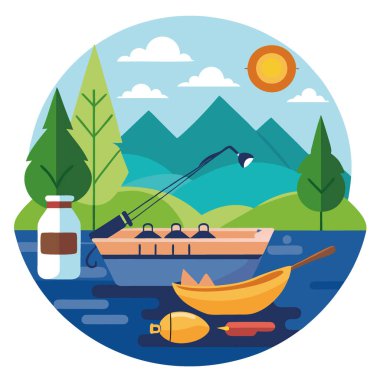 Bereketli yeşilliklerle çevrili sakin bir gölde sakin bir sabahta bir teknede düzenlenmiş balıkçılık malzemeleri ve malzemeler. Yapay zeka üretildi. Vektör simgesi