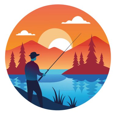 Güneşin doğuşunda Serene Gölü 'ne Puslu Orman ve Canlı Turuncu Gökyüzü Yansımaları ile Huzurlu Balıkçı Döküm Hattı. Yapay zeka üretildi. Vektör simgesi