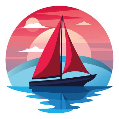 Canlı kırmızı yelkenli, sakin sularda süzülür alacakaranlıkta sakin bir ufukta dramatik bir gökyüzü altında. Yapay zeka üretildi. Vektör simgesi