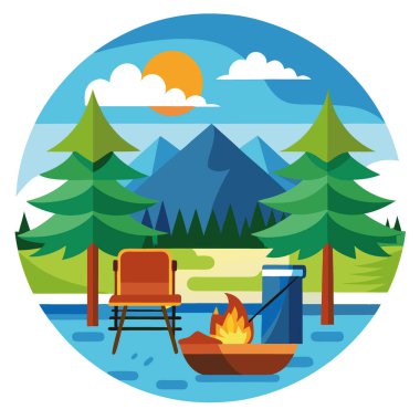 Kanoyla Lakeside kamp kurma sahnesi. Sandalyeler. Balıkçı kıyafeti. Ve Yeşil Ağaçlar Doğada Barışçıl İnziva İçin. Yapay zeka üretildi. Vektör simgesi
