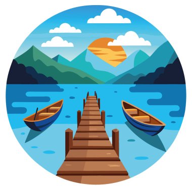 Huzurlu bir liman sahnesinde, sakin bir su ve nefes kesici bir gökyüzü olan, kırsal bir rıhtım boyunca dizilmiş ahşap botlar vardı. Vektör simgesi