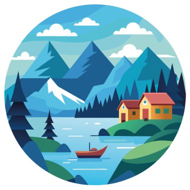 Tekneli Tranquil Mountain Lake Scene. Evler. Ve Doğanın Güzelliği - Stok Fotoğrafları ve Ticari Kullanım için ideal. Yapay zeka üretildi. Vektör simgesi