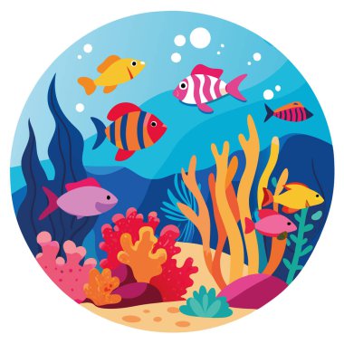 Canlı bir sualtı dünyası parlak mercan oluşumları arasında yüzen renkli balıklarla dolu bir mercan resifini sergiliyor. Yapay zeka üretildi. Vektör simgesi