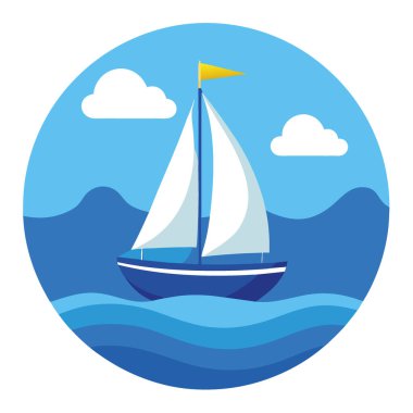 Serin, minyatür bir yelkenli, canlı, mavi bir arka planda duruyor. Yapay zekanın yarattığı huzur ve macera hissini uyandırıyor. Vektör simgesi