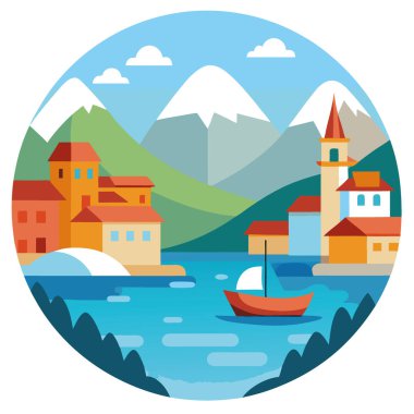 Karla kaplı dağların altındaki sakin suları yansıtan renkli teknelerle sakin bir kıyı kasabası manzarası. Yapay zeka üretildi. Vektör simgesi