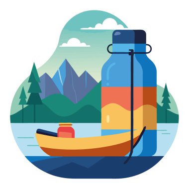 Macera Esasları - Serene Gölü 124 'teki balıkçı teknesinde yalıtılmış termo su şişesi; açık hava keşfi konsepti. Yapay zeka üretildi. Vektör simgesi
