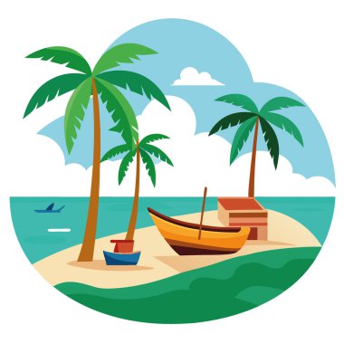 Kumsal sahnesi, küçük balıkçı teknelerinin kumsalda çekildiğini gösteriyor. Yeşil palmiye ağaçlarıyla arka plan duvar kâğıdı görüntüsü. Yapay zeka üretildi. Vektör simgesi