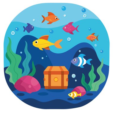 Okyanusun mavi derinliklerinin altında renkli balıklarla ve saklı hazinelerle dolu canlı bir sualtı dünyasını keşfedin. Yapay zeka üretildi. Vektör simgesi