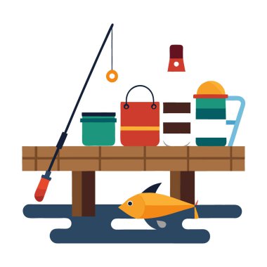 Balıkçılık malzemeleri ahşap bir rıhtıma konmuş. Bir günlük balığa hazırım. Açık hava ve balıkçılıkla ilgili konular için uygun. Yapay zeka üretildi. Vektör simgesi