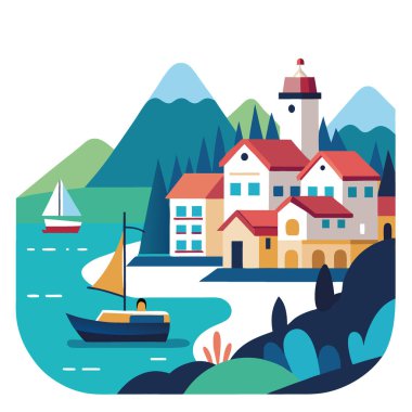 Boğazın kıyısındaki evler ve otellerin manzarası. Zevk teknesi ve balıkçı tekneleri suda yüzer. Yapay zeka üretildi. Vektör simgesi