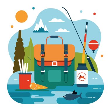 Göl kıyısında çeşitli ekipmanlarla dolu bir balık torbası. Açık hava malzemesi kavramı. Balık malzemeleri. Oltaya. Ve seyahat. Yapay zeka üretildi. Vektör simgesi