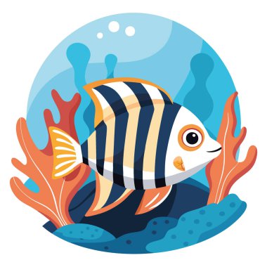 Çizgili balıklar canlı bir mercan resifi ekosisteminde zarifçe süzülüyorlar. Yukarıdan süzülen güneş ışığıyla aydınlatılmış. Yapay zeka üretildi. Vektör simgesi