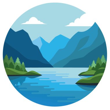 Norveç 'teki güzel göl manzarası. Temiz su ve dağlarla. Bulutlu bir havada. Yapay zekanın yarattığı sakin bir manzara. Vektör simgesi