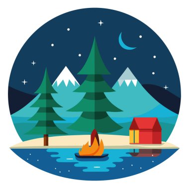 Noel gecesinin ortasında gölün etrafında büyük ve sessiz bir gölün yanında kamp kuran uzun çam ağaçları ve Noel Baba vardır. Yapay zeka üretildi. Vektör simgesi